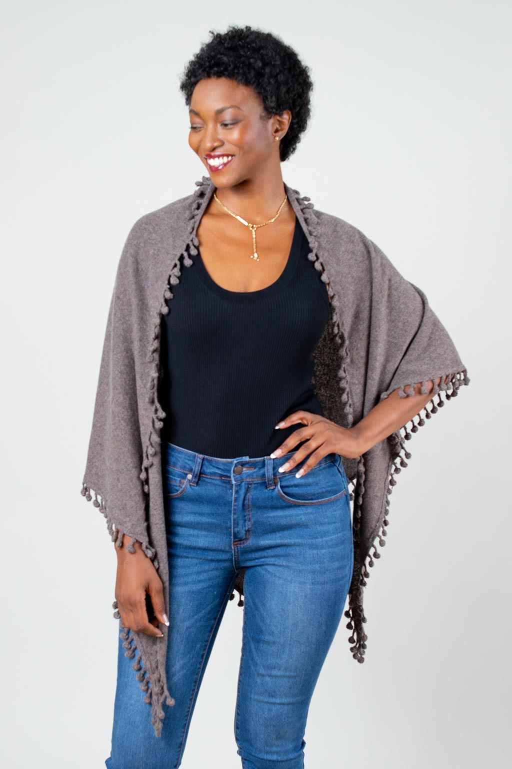 Pom-Pom Triangle Wrap - Walnut