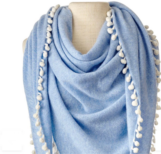 Pom Pom Triangle Wrap Sky & Ivory